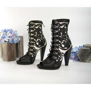 Balmain Floral Tooled Leather Lace Up Boots 37